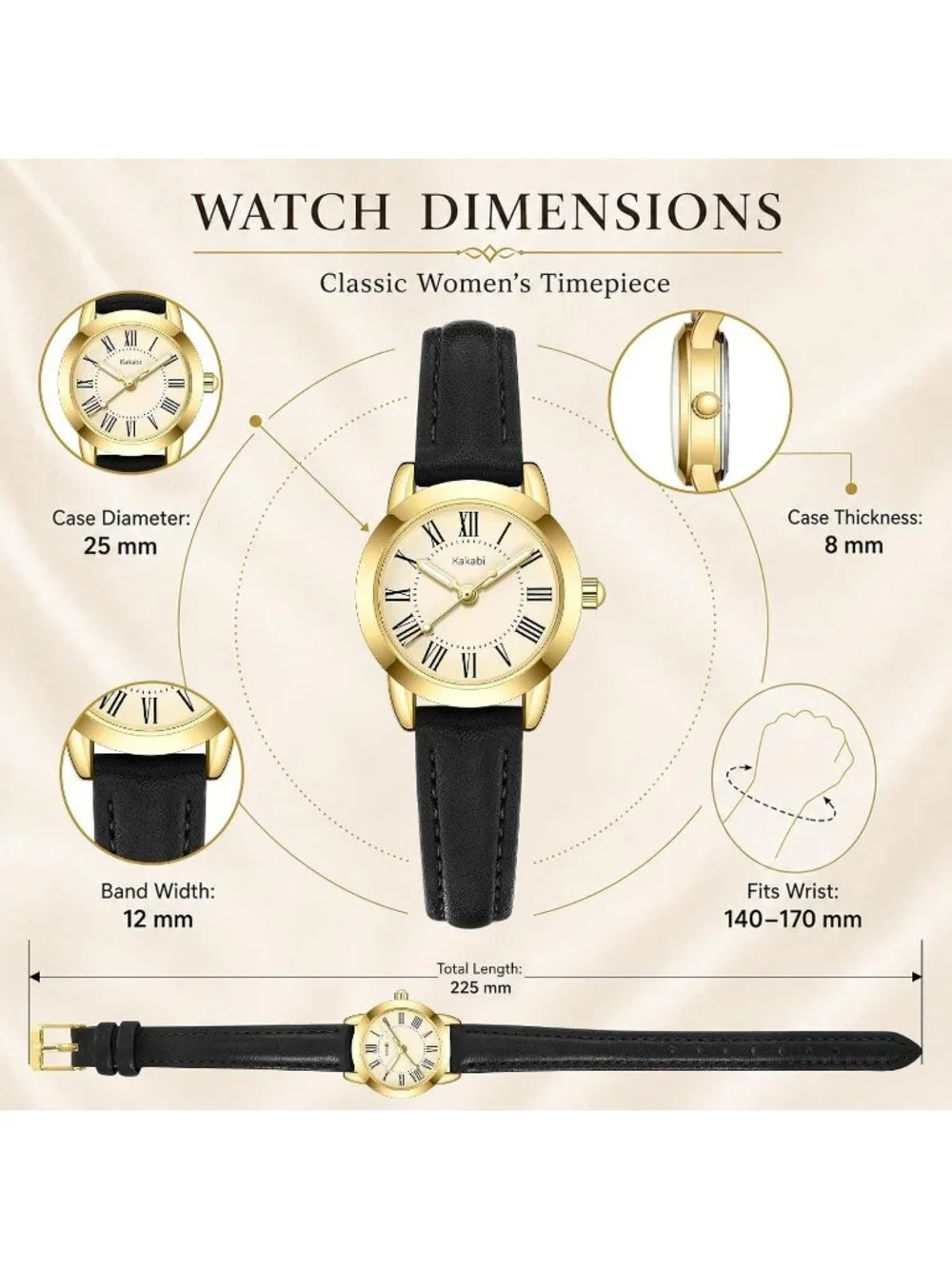 Women's Black Gold Vintage Analog Slim Leather Strap Quartz Movement Wristwatch